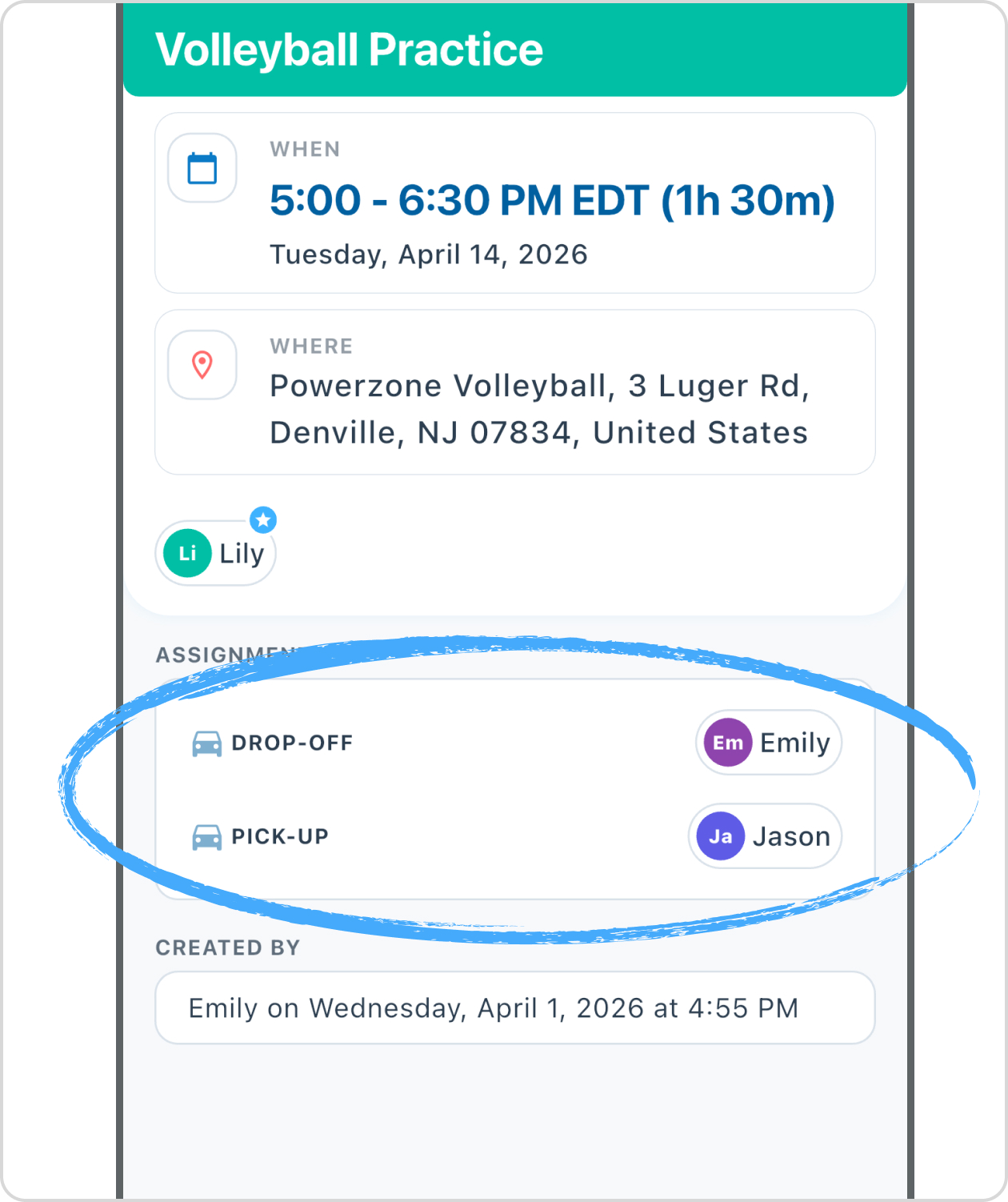 Shared family calendar with pickup assignments