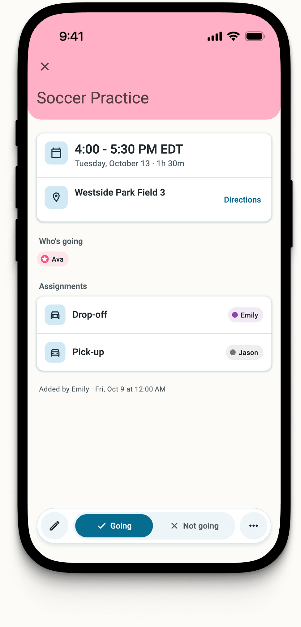 An event with pickup and drop-off assigned to family members