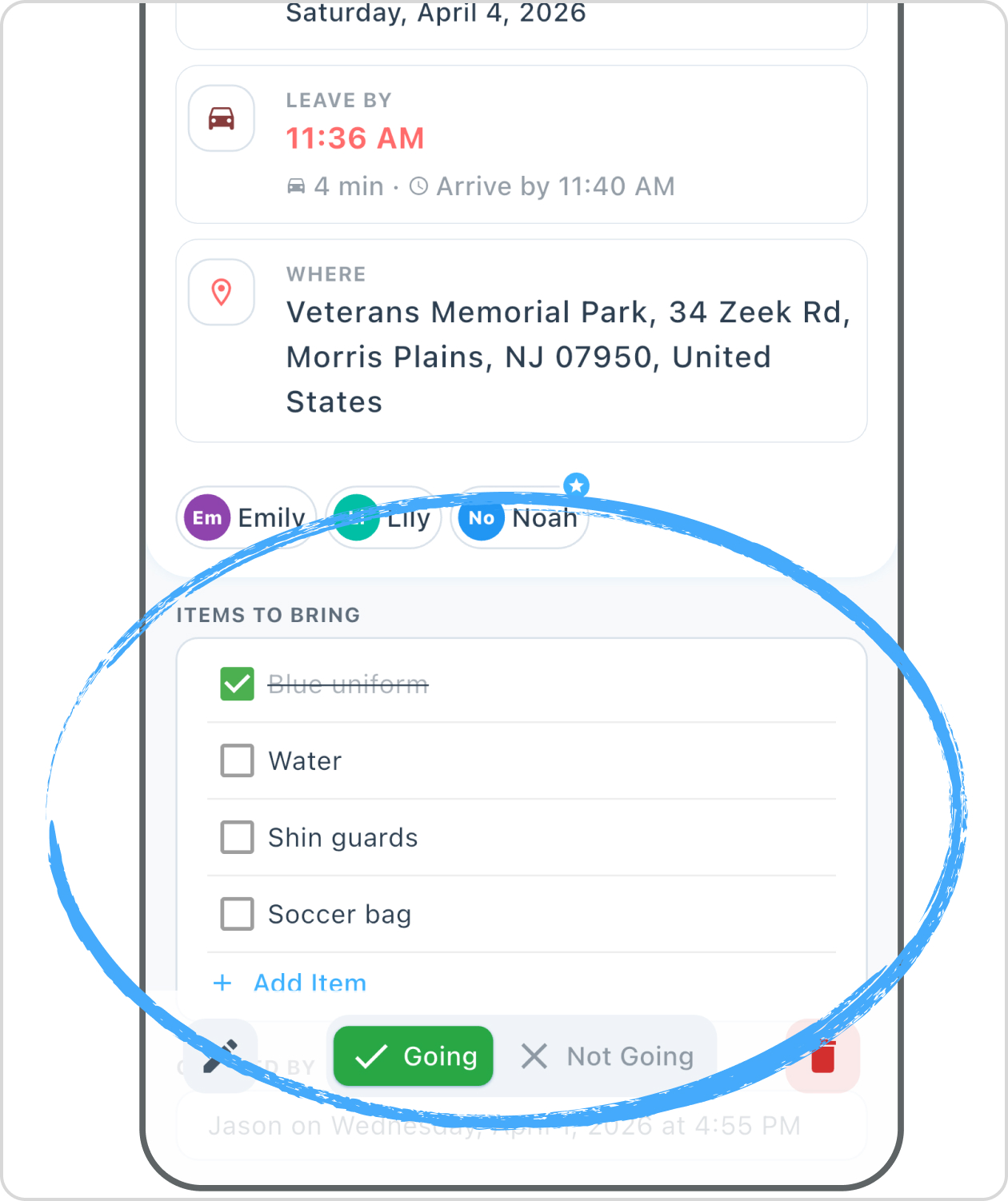 Shared family calendar with pickup assignments