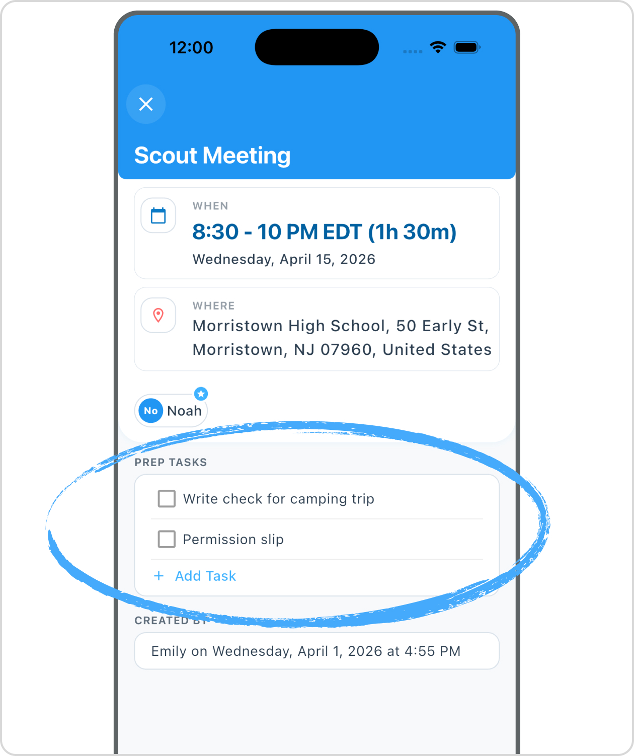 Shared family calendar with pickup assignments